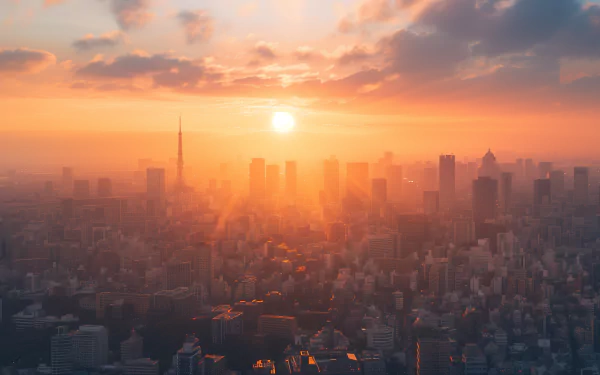 Stunning HD wallpaper of Tokyo skyline at sunset with radiant clouds and warm sunlight bathing the city.