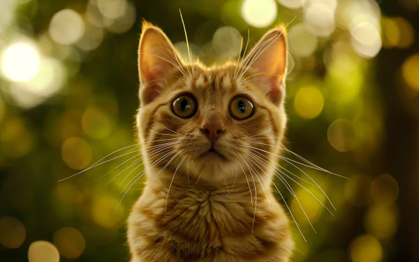 HD desktop wallpaper featuring an adorable orange tabby cat with striking eyes against a bokeh light background.