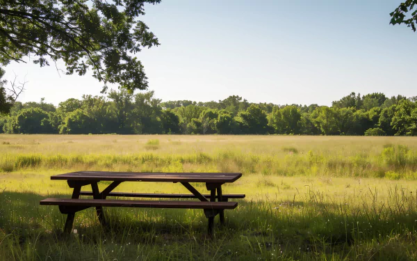 A serene picnic table sits in a lush green field, framed by trees under a clear blue sky, creating a peaceful atmosphere for outdoor relaxation. HD desktop wallpaper and background.