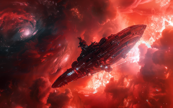 HD wallpaper of a spaceship traveling through a vibrant red cosmic nebula, suitable for a desktop background.