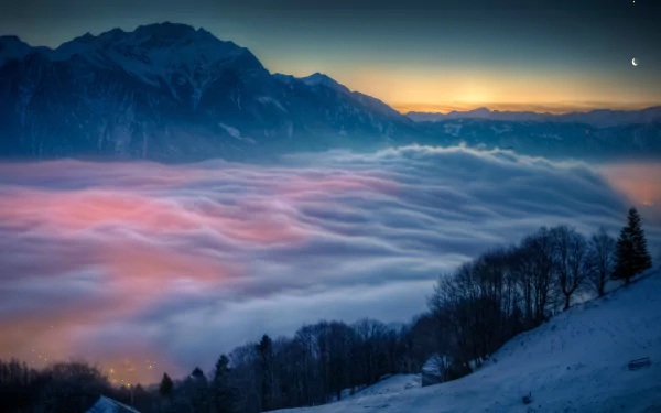 landscape mountain sky sunset snow Snowy Mountain HD Desktop Wallpaper | Background Image