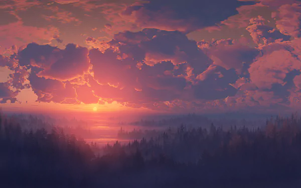 Digital artistic landscape of a vivid sunset with glowing clouds over a dark forest, rendered in 4K Ultra HD for a striking PC desktop wallpaper and background.