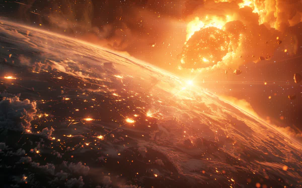 HD desktop wallpaper of a meteorite event above Earth's atmosphere with fiery effects and space elements.