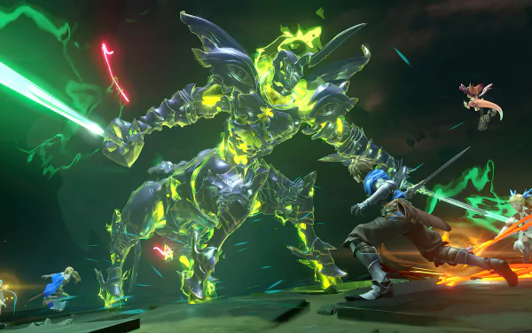 A stunning HD wallpaper from Granblue Fantasy: Relink, featuring a fierce battle scene between a colossal armored foe and brave heroes, illuminated by vibrant energy effects.