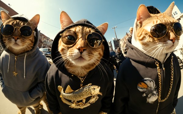 HD wallpaper of three cats dressed as gangsters with sunglasses and gold chains for a funny desktop background.