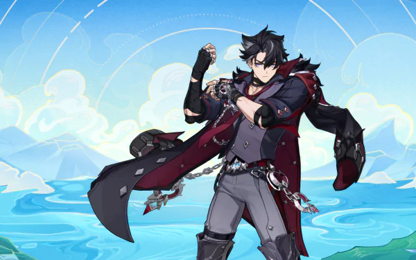 HD wallpaper featuring Wriothesley from Genshin Impact video game, with dynamic pose on a sky-blue background.
