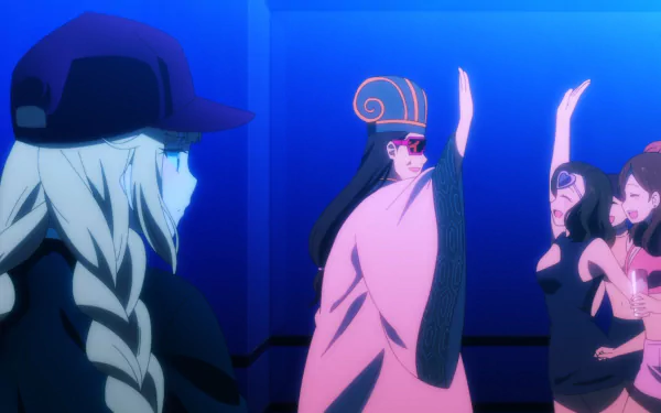 HD wallpaper featuring characters from the anime Ya Boy Kongming! with a vibrant club scene in the background.