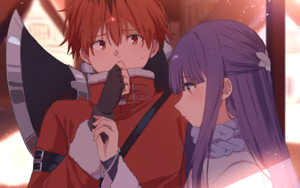 HD anime wallpaper from Frieren: Beyond Journey's End featuring Stark and Fern in a softly lit, warm-toned scene with detailed character expressions.