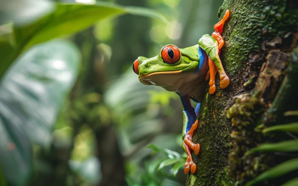 A vibrant tree frog clings to a mossy tree trunk in a lush rainforest, creating a stunning HD desktop wallpaper and background full of natural beauty.
