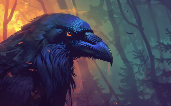 HD desktop wallpaper featuring a black raven in a mystical forest background with orange hues and subtle light effects.