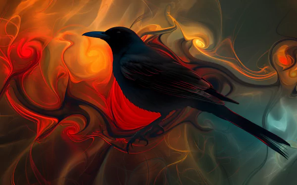 HD wallpaper of a majestic black bird perched with a swirling red and orange abstract background for desktop.