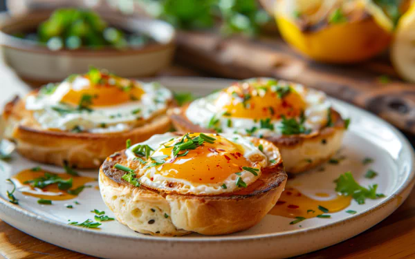 HD wallpaper featuring a delicious breakfast with sunny-side-up eggs on English muffins garnished with herbs on a plate, perfect as a desktop background.
