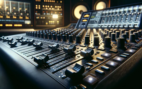 High-definition desktop wallpaper featuring a close-up of an advanced music mixer console with illuminated buttons and sliders, encapsulating modern music production technology.