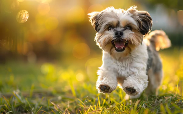 Adorable Shih Tzu running on a sunny field, HD desktop wallpaper and background.