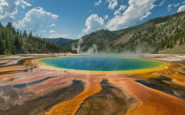 HD Wallpaper of Grand Prismatic Spring in Yellowstone with Vivid Colors and Mountainous Background for Desktop