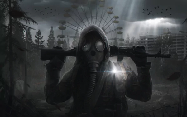 HD PC desktop wallpaper of S.T.A.L.K.E.R. 2: Heart of Chernobyl featuring a figure in a gas mask holding a weapon with a dark, abandoned amusement park backdrop.