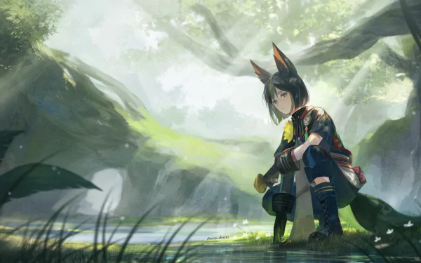 4K Ultra HD wallpaper featuring Tighnari from Genshin Impact, sitting thoughtfully in a sunlit forest clearing surrounded by lush greenery.