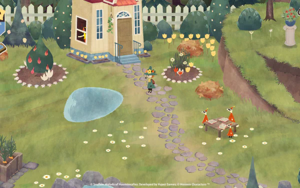 HD desktop wallpaper featuring a scenic view from the video game Snufkin: Melody of Moominvalley with a charming house and a lush, whimsical garden.