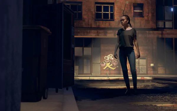HD desktop wallpaper featuring a scene from the video game As Dusk Falls with a character standing in a dimly lit urban alleyway.