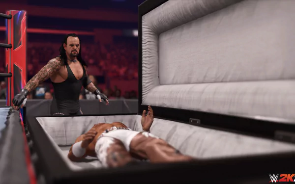 An intense scene from WWE 2K24 featuring a wrestler standing by a coffin, creating a dramatic atmosphere for HD desktop wallpaper and background.