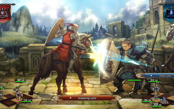 HD desktop wallpaper of a video game scene depicting a knight on a horse confronting another warrior, with a medieval fantasy backdrop, tagged with Unicorn Overlord.