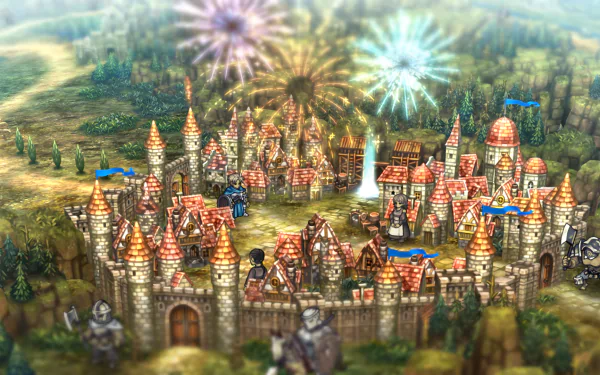 A vibrant HD wallpaper from the video game Unicorn Overlord, showcasing a medieval castle surrounded by lush landscapes and colorful fireworks in the sky.
