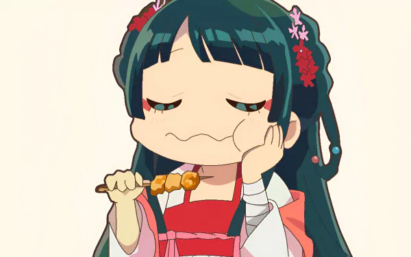 HD anime desktop wallpaper featuring Maomao from The Apothecary Diaries enjoying a skewer, showcasing a charming and playful expression.