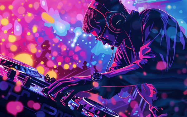 Vibrant HD wallpaper of a DJ mixing electronic music on a deck, illuminated by neon lights and bokeh effects.