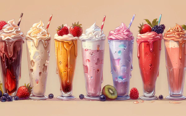 A vibrant HD desktop wallpaper featuring an array of delicious milkshakes in various flavors, topped with whipped cream and fresh fruits, set against a soft, neutral background.