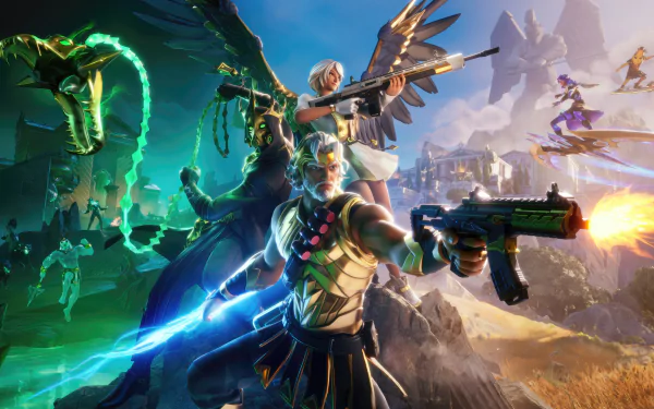 Fortnite game characters in action on a dynamic HD desktop wallpaper, showcasing intense battle scenes and vibrant graphics.