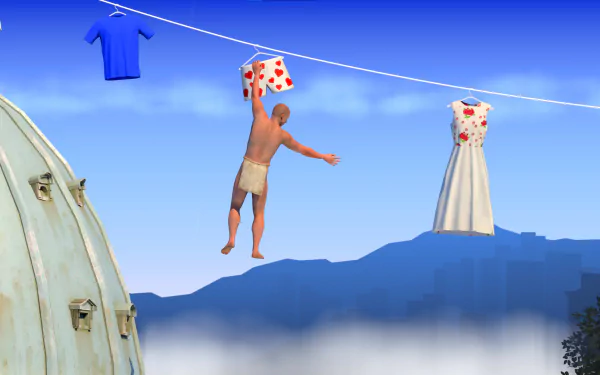 HD wallpaper of a challenging game character climbing between clothesline items with a scenic mountain background.