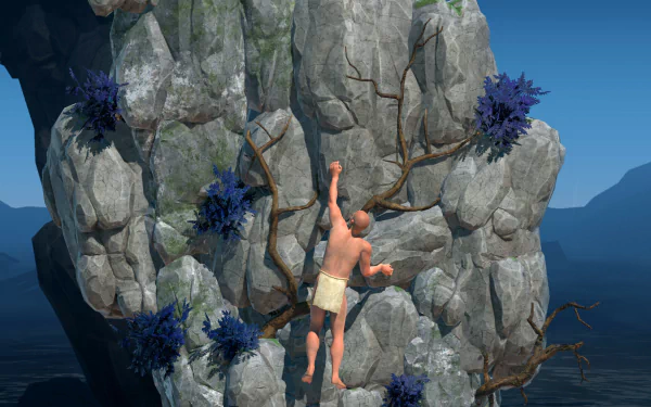 HD desktop wallpaper featuring a scene from a challenging video game with a character climbing a rugged cliff.