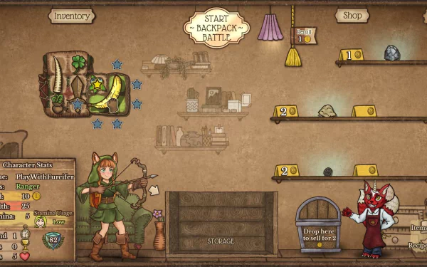 HD desktop wallpaper featuring Backpack Battles game interface with inventory, shop items, and character stats for an engaging gaming experience.