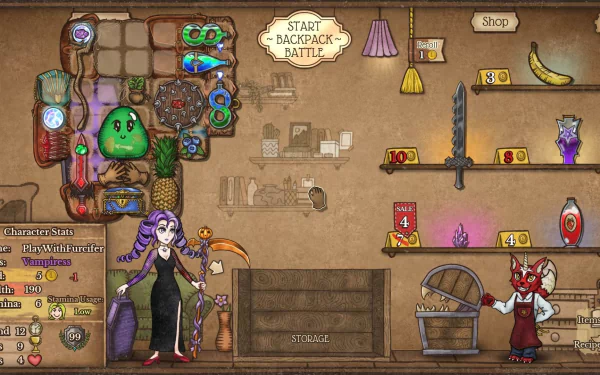 HD desktop wallpaper featuring a scene from the video game Backpack Battles, displaying animated characters and a variety of in-game items in a colorful, detailed shop environment.