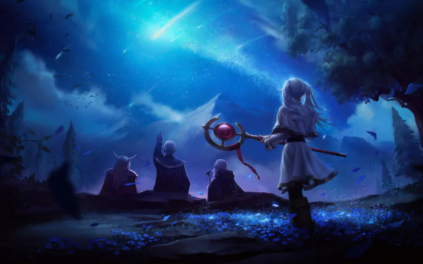 HD desktop wallpaper featuring characters from the anime Frieren: Beyond Journey's End, set against a mystical nighttime backdrop with a glowing staff and a shooting star illuminating the scene.