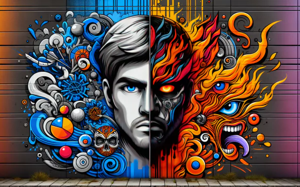 HD desktop wallpaper featuring split personality concept art with a dual-faced figure, one side portraying a calm, composed appearance and the other side depicting chaotic, fiery emotions against a colorful graffitied background.
