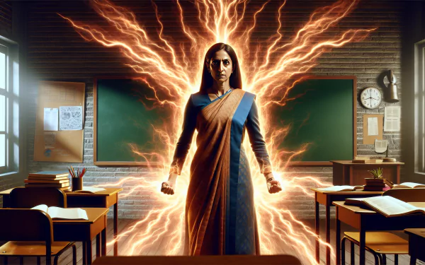 Dynamic HD desktop wallpaper of a female teacher with energy radiating from her amidst a classroom setting, symbolizing empowerment and inspiration in education.