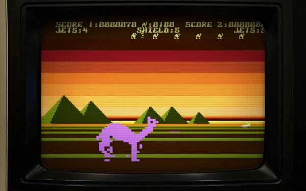 HD desktop wallpaper featuring a retro-style Llamasoft video game displayed on a classic monitor with a pixelated purple llama and vibrant sunset background.
