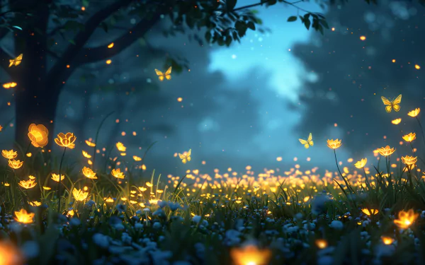 HD desktop wallpaper of a magical firefly-lit forest glade at dusk.