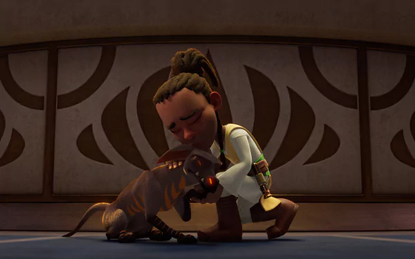 A scene from Star Wars: Young Jedi Adventures features a young Jedi embracing a friendly creature, set against a stylized background, in vibrant HD detail.