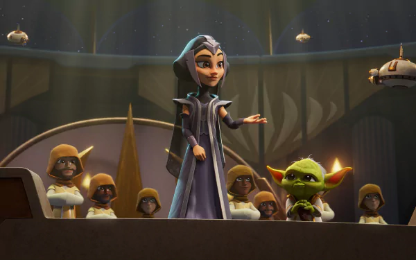 A scene from the TV show Star Wars: Young Jedi Adventures, featuring a cloaked character addressing a crowd, with a small green creature by her side, set in a space-themed backdrop.