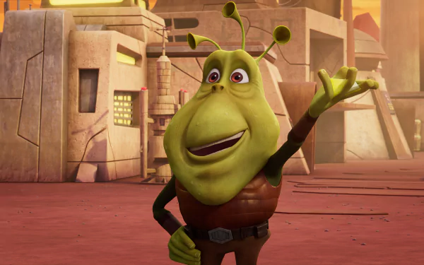 HD wallpaper featuring a character from Star Wars: Young Jedi Adventures animated TV show, set against a backdrop of a desert-like environment with architecture reminiscent of the Star Wars universe.