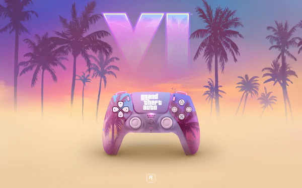 High-definition desktop wallpaper featuring Grand Theft Auto VI logo with a stylish game controller set against a vibrant background of tropical palm trees.