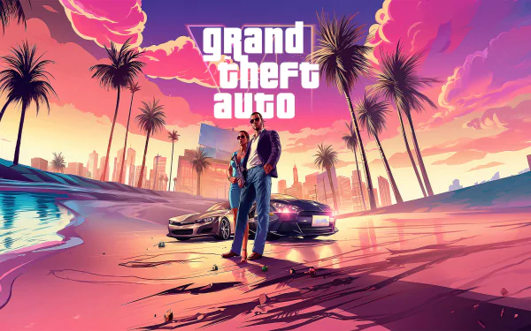 Grand Theft Auto VI HD wallpaper featuring vibrant sunset beach scene with stylish characters and sports cars.