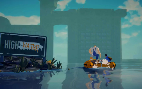 A vibrant HD desktop wallpaper from the video game Highwater, featuring a character navigating a flooded landscape on a makeshift raft, with a HIGHWATER sign in the foreground.