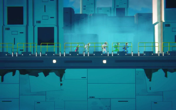 HD desktop wallpaper featuring a scene from the video game Highwater with characters on a futuristic blue-toned structure.