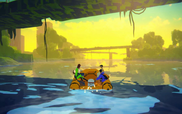 HD desktop wallpaper featuring characters from the video game Highwater navigating a boat through a sunlit, waterlogged cityscape.