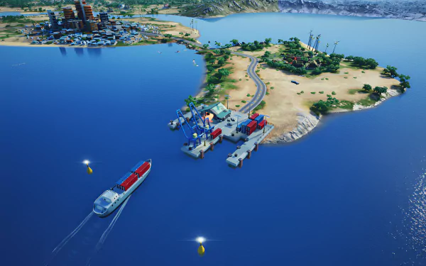 High-definition desktop wallpaper of Cartel Tycoon video game featuring a vibrant coastal scene with a shipping dock, boats, and a bustling town.
