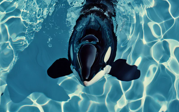 HD desktop wallpaper featuring an orca swimming in clear blue waters, viewed from above.