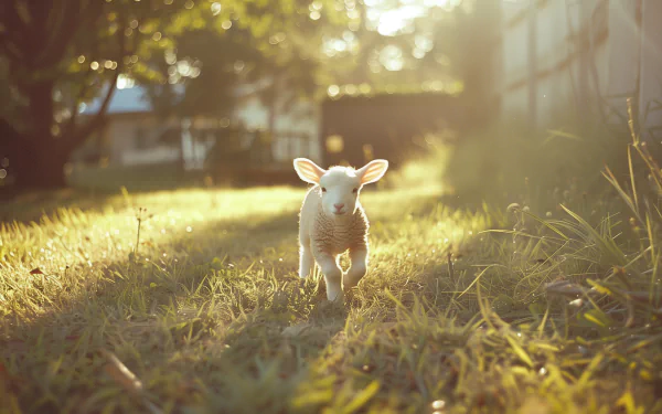 A cute lamb frolics through sunlit grass, surrounded by a tranquil outdoor setting, making this a charming HD desktop wallpaper and background.